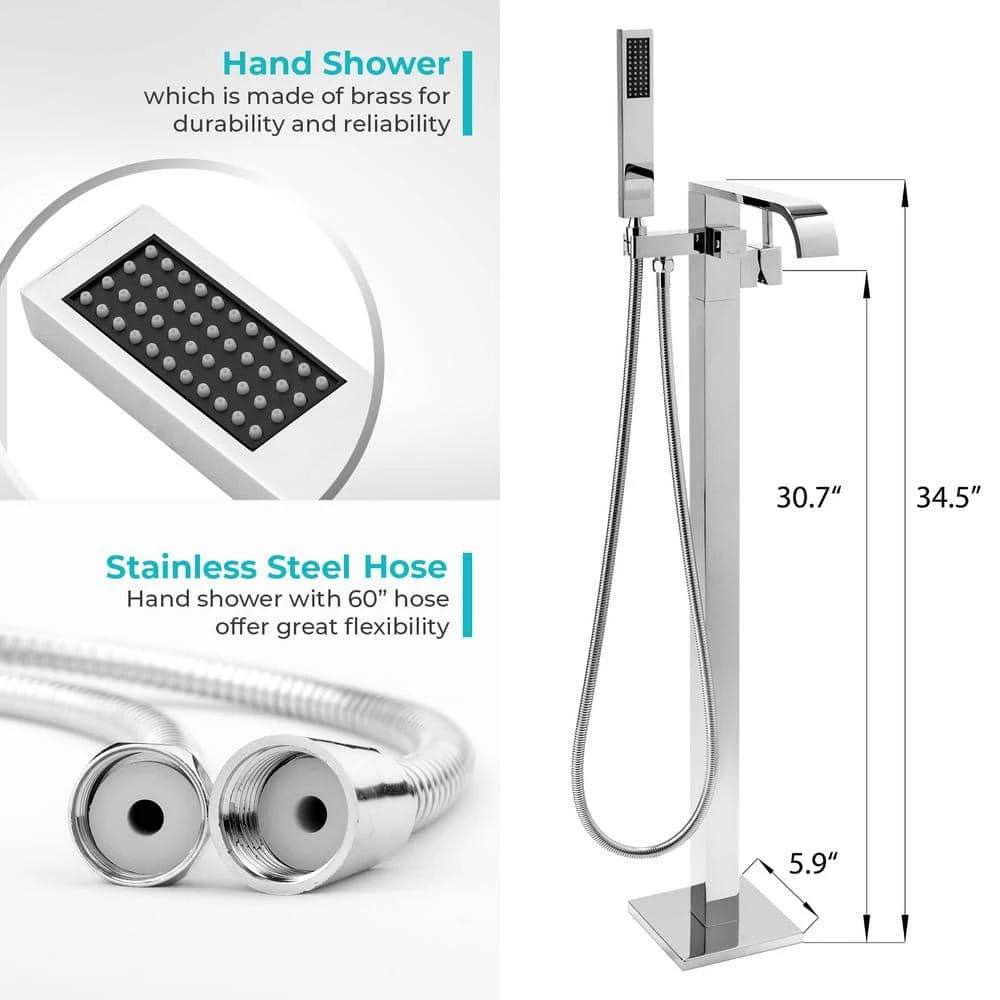 AKDY 1-Handle Freestanding Floor Mount Roman Tub Faucet Bathtub Filler with Hand Shower in Chrome 4 AKDY 1-Handle Freestanding Floor Mount Roman Tub Faucet Bathtub Filler with Hand Shower in Chrome - Image 4