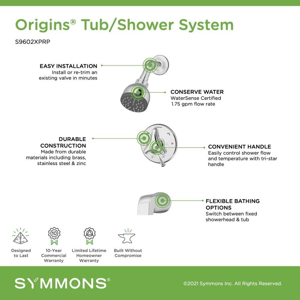 Symmons Origins Single-Handle 1-Spray Tub and Shower Faucet with EasyService Stops in Chrome (Valve Included) 5 Symmons Origins Single-Handle 1-Spray Tub and Shower Faucet with EasyService Stops in Chrome (Valve Included) - Image 5