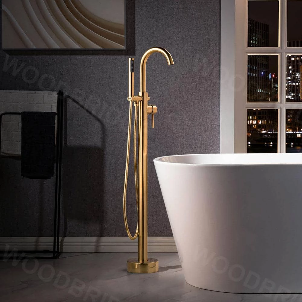 WOODBRIDGE Derby Single-Handle Freestanding Floor Mount Tub Filler Faucet with Hand Shower in Brushed Glod 2 WOODBRIDGE Derby Single-Handle Freestanding Floor Mount Tub Filler Faucet with Hand Shower in Brushed Glod - Image 2