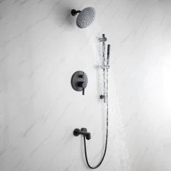 Lexora Luviah Stainless Steel Round Shower Set with Handheld Showerwand in Matte Black -Bathroom Faucets Store lexora shower jets lss13011mb 40 1000