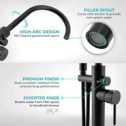AKDY 1-Handle Freestanding Floor Mount Tub Faucet Bathtub Filler with Hand Shower in Matte Black -Bathroom Faucets Store matte black akdy claw foot tub faucets tf0042 4f 1000