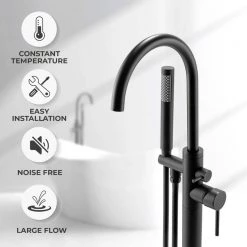 AKDY 1-Handle Freestanding Floor Mount Tub Faucet Bathtub Filler with Hand Shower in Matte Black -Bathroom Faucets Store matte black akdy claw foot tub faucets tf0042 c3 1000