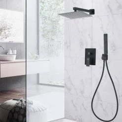 AKDY Square, wall-mounted fixed rain shower faucet, handheld shower combo, in Matte Black. -Bathroom Faucets Store matte black akdy shower faucets sf001 3 a0 1000