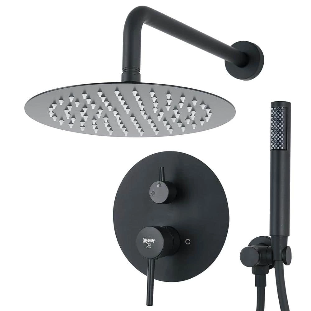 AKDY Round, wall-mounted adjustable rain shower faucet, handheld shower combo, in Matte Black. 1 AKDY Round, wall-mounted adjustable rain shower faucet, handheld shower combo, in Matte Black.