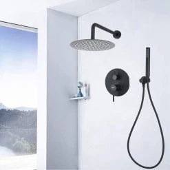 AKDY Round, wall-mounted adjustable rain shower faucet, handheld shower combo, in Matte Black. 9 AKDY Round, wall-mounted adjustable rain shower faucet, handheld shower combo, in Matte Black. -Bathroom Faucets Store matte black akdy shower faucets sf002 3 a0 1000