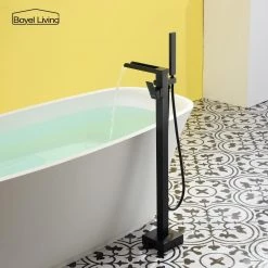 Boyel Living Freestanding Floor Mount Single Handle Waterfall Tub Filler Faucet with Handheld Shower in Matte Black -Bathroom Faucets Store matte black boyel living claw foot tub faucets smd 18037b 40 1000