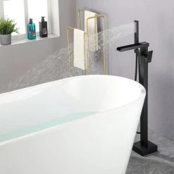Boyel Living Freestanding Floor Mount Single Handle Waterfall Tub Filler Faucet with Handheld Shower in Matte Black -Bathroom Faucets Store matte black boyel living claw foot tub faucets smd 18037b 77 1000