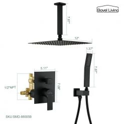 Boyel Living 1-Spray Patterns with 2.5 GPM 12 in. Ceiling Mount Dual Shower Heads with Pressure Balance Valve in Matte Black -Bathroom Faucets Store matte black boyel living dual shower heads smd 88005b c3 1000