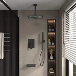 BWE Single-Handle 3-Spray Square High Pressure Shower Faucet with 10" Ceiling Shower Head in Matte Black (Valve Included) -Bathroom Faucets Store matte black bwe shower faucets a 95014 black s 40 1000