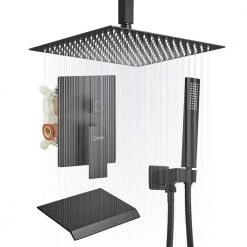 BWE Single-Handle 3-Spray Square High Pressure Shower Faucet with 10" Ceiling Shower Head in Matte Black (Valve Included)