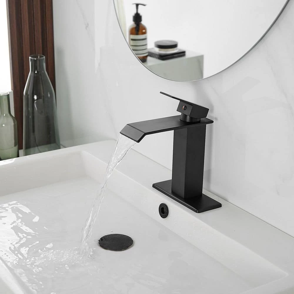 BWE Waterfall Single Hole Single-Handle Low-Arc Bathroom Faucet With Pop-up Drain Assembly in Matte Black 3 BWE Waterfall Single Hole Single-Handle Low-Arc Bathroom Faucet With Pop-up Drain Assembly in Matte Black - Image 3