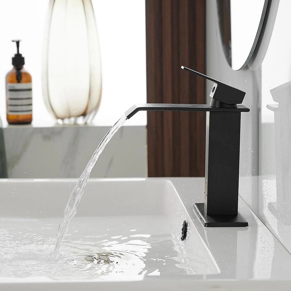 BWE Waterfall Single Hole Single-Handle Low-Arc Bathroom Faucet With Pop-up Drain Assembly in Matte Black 9 BWE Waterfall Single Hole Single-Handle Low-Arc Bathroom Faucet With Pop-up Drain Assembly in Matte Black - Image 9