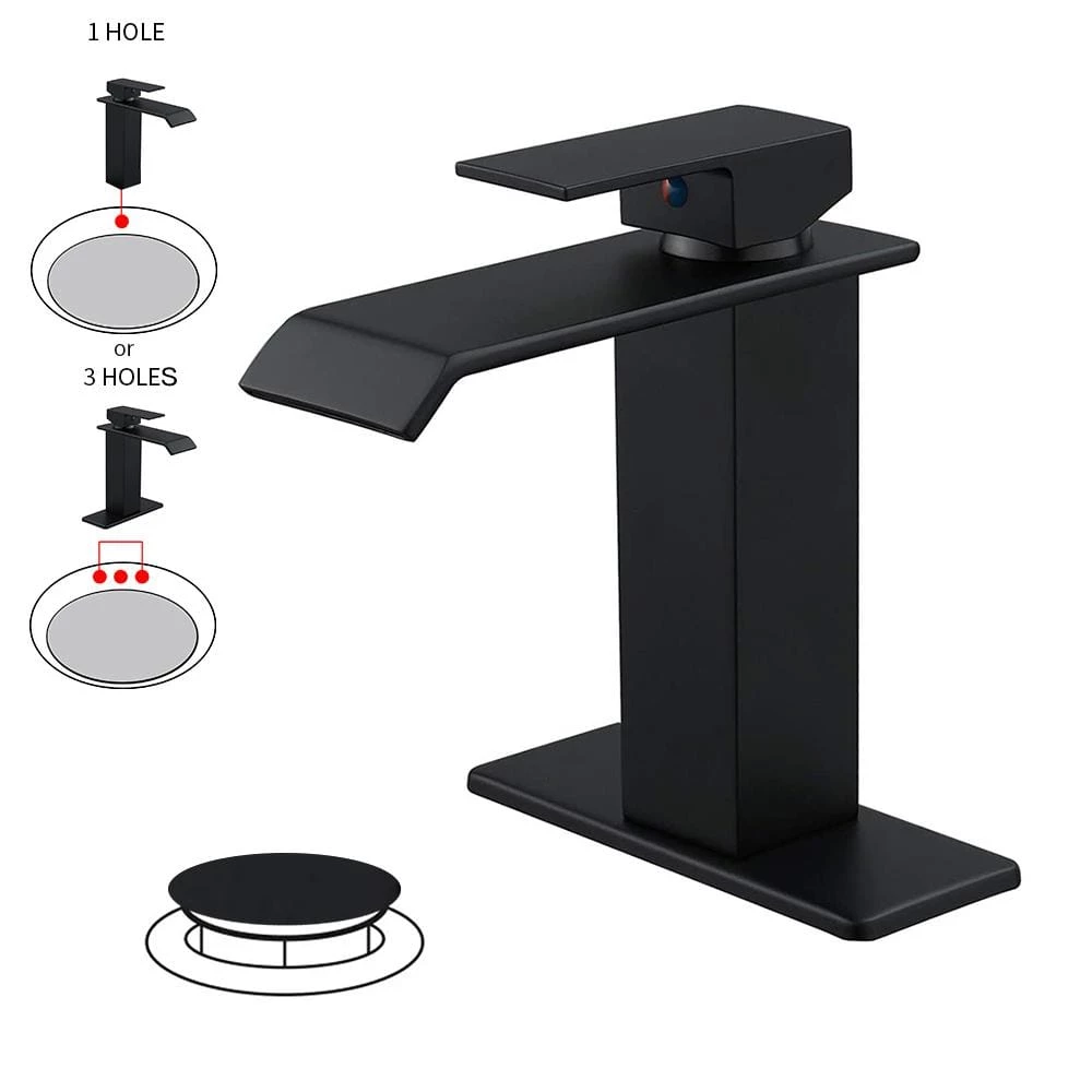 BWE Waterfall Single Hole Single-Handle Low-Arc Bathroom Faucet With Pop-up Drain Assembly in Matte Black 1 BWE Waterfall Single Hole Single-Handle Low-Arc Bathroom Faucet With Pop-up Drain Assembly in Matte Black