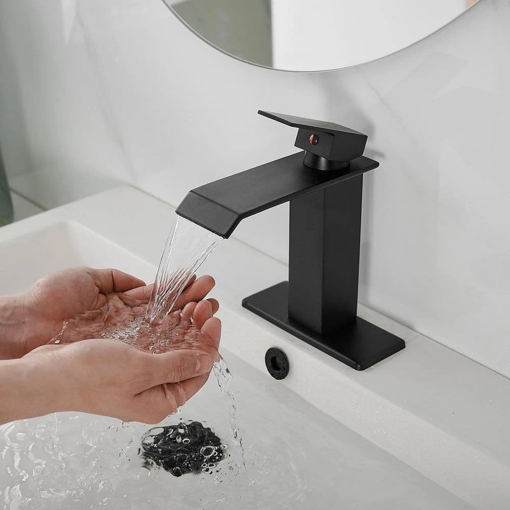 BWE Waterfall Single Hole Single-Handle Low-Arc Bathroom Faucet With Pop-up Drain Assembly in Matte Black 6 BWE Waterfall Single Hole Single-Handle Low-Arc Bathroom Faucet With Pop-up Drain Assembly in Matte Black - Image 6