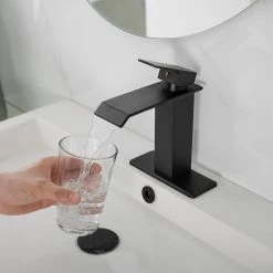 BWE Waterfall Single Hole Single-Handle Low-Arc Bathroom Faucet With Pop-up Drain Assembly in Matte Black 19 BWE Waterfall Single Hole Single-Handle Low-Arc Bathroom Faucet With Pop-up Drain Assembly in Matte Black -Bathroom Faucets Store matte black bwe single hole bathroom faucets a 96004 black 77 1000