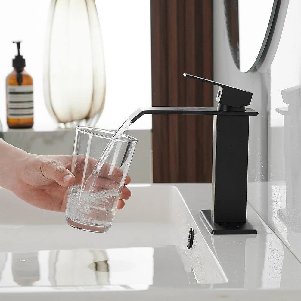 BWE Waterfall Single Hole Single-Handle Low-Arc Bathroom Faucet With Pop-up Drain Assembly in Matte Black 8 BWE Waterfall Single Hole Single-Handle Low-Arc Bathroom Faucet With Pop-up Drain Assembly in Matte Black - Image 8