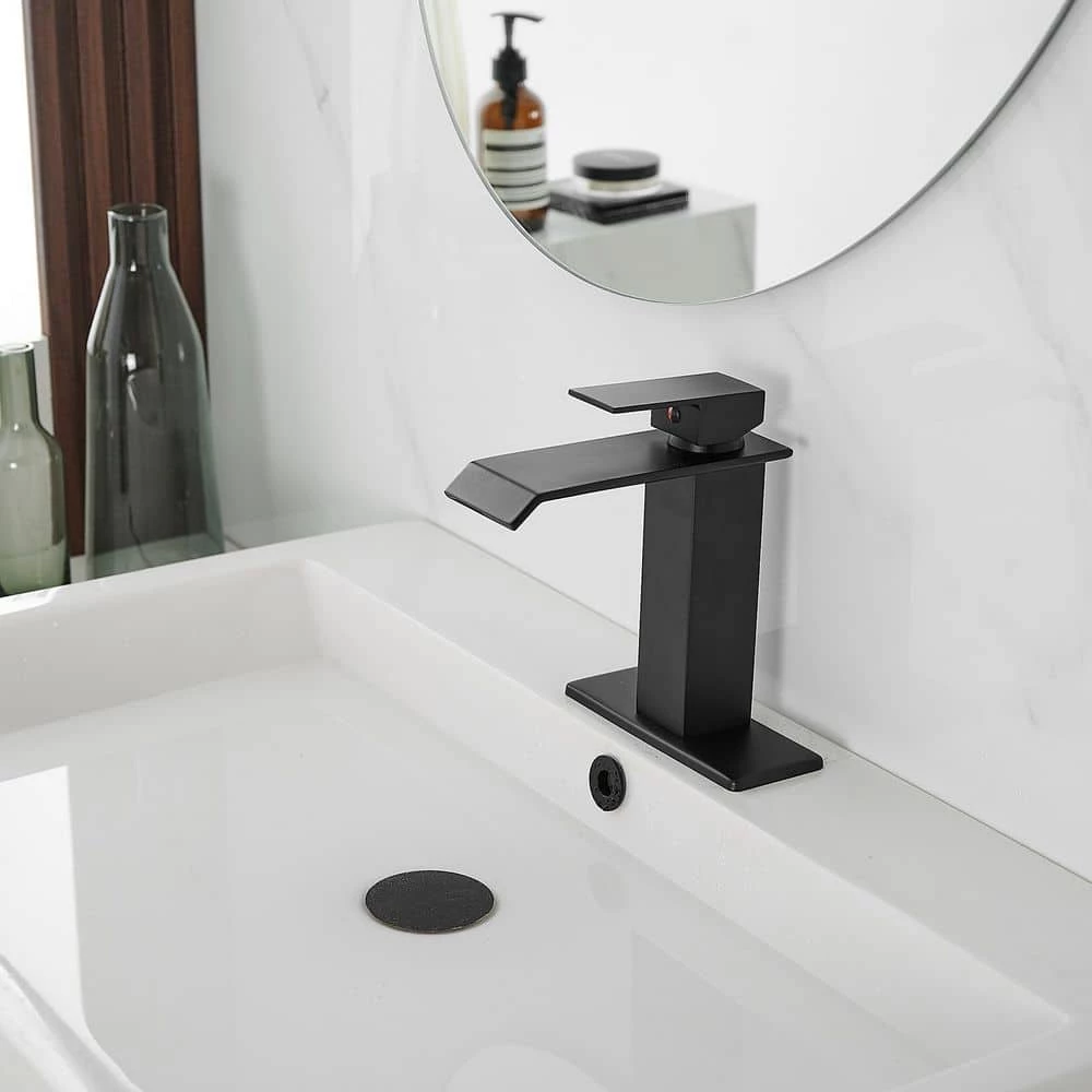 BWE Waterfall Single Hole Single-Handle Low-Arc Bathroom Faucet With Pop-up Drain Assembly in Matte Black 2 BWE Waterfall Single Hole Single-Handle Low-Arc Bathroom Faucet With Pop-up Drain Assembly in Matte Black - Image 2