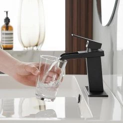 BWE Waterfall Single Hole Single-Handle Low-Arc Bathroom Faucet With Pop-up Drain Assembly in Matte Black -Bathroom Faucets Store matte black bwe single hole bathroom faucets a 96009 black 1d 1000
