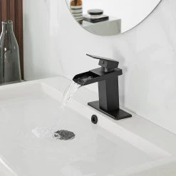 BWE Waterfall Single Hole Single-Handle Low-Arc Bathroom Faucet With Pop-up Drain Assembly in Matte Black -Bathroom Faucets Store matte black bwe single hole bathroom faucets a 96009 black 40 1000
