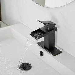 BWE Waterfall Single Hole Single-Handle Low-Arc Bathroom Faucet With Pop-up Drain Assembly in Matte Black -Bathroom Faucets Store matte black bwe single hole bathroom faucets a 96009 black 4f 1000