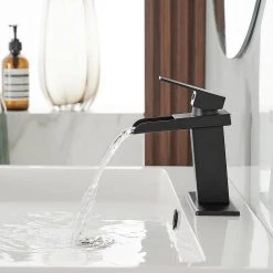 BWE Waterfall Single Hole Single-Handle Low-Arc Bathroom Faucet With Pop-up Drain Assembly in Matte Black -Bathroom Faucets Store matte black bwe single hole bathroom faucets a 96009 black 66 1000