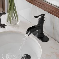 BWE Waterfall Single Hole Single-Handle Low-Arc Bathroom Faucet With Pop-up Drain Assembly In Matte Black -Bathroom Faucets Store matte black bwe single hole bathroom faucets a 96556 black 1d 1000