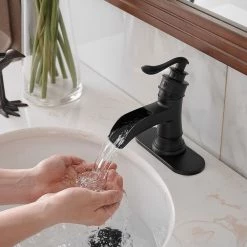 BWE Waterfall Single Hole Single-Handle Low-Arc Bathroom Faucet With Pop-up Drain Assembly In Matte Black -Bathroom Faucets Store matte black bwe single hole bathroom faucets a 96556 black a0 1000