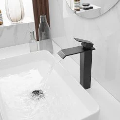 BWE Waterfall Single Hole Single Handle Bathroom Vessel Sink Faucet With Pop-up Drain Assembly in Matte Black -Bathroom Faucets Store matte black bwe vessel sink faucets a 96004h black fa 1000
