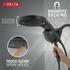Delta HydroRain Two-in-One 5-Spray 6 in. Dual Wall Mount Fixed and Handheld H2Okinetic Shower Head in Matte Black -Bathroom Faucets Store matte black delta dual shower heads 58680 bl 1d 1000