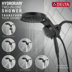 Delta HydroRain Two-in-One 5-Spray 6 in. Dual Wall Mount Fixed and Handheld H2Okinetic Shower Head in Matte Black -Bathroom Faucets Store matte black delta dual shower heads 58680 bl c3 1000