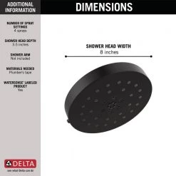 Delta 4-Spray Pattern with 1.75 GPM 8 in. Wall Mount Fixed Shower Head with H2Okinetic UltraSoak Spray in Matte Black 15 Delta 4-Spray Pattern with 1.75 GPM 8 in. Wall Mount Fixed Shower Head with H2Okinetic UltraSoak Spray in Matte Black -Bathroom Faucets Store matte black delta fixed shower heads 52488 bl 40 1000