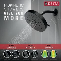 Delta 4-Spray Pattern with 1.75 GPM 8 in. Wall Mount Fixed Shower Head with H2Okinetic UltraSoak Spray in Matte Black 20 Delta 4-Spray Pattern with 1.75 GPM 8 in. Wall Mount Fixed Shower Head with H2Okinetic UltraSoak Spray in Matte Black -Bathroom Faucets Store matte black delta fixed shower heads 52488 bl 4f 1000