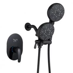 ELLO&ALLO LED Single-Handle 48-Spray Shower Faucet and Power Wash Handheld Combo with LED Display in Matte Black (Valve Included)