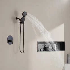 ELLO&ALLO LED Single-Handle 48-Spray Shower Faucet and Power Wash Handheld Combo with LED Display in Matte Black (Valve Included) -Bathroom Faucets Store matte black ello allo shower faucets es b 1007 fa 1000
