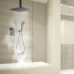 GIVING TREE Single-Handle 3-Spray Ceiling Mount 12 in. Square Shower Faucet with Hand Shower in Matte Black (Valve Included) -Bathroom Faucets Store matte black giving tree shower faucets hdyn zg0014 31 1000