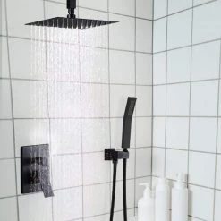 GIVING TREE 1-Handle 2-Spray High Pressure Ceiling Mount 12 in. Shower Head with Hand Shower Faucet in Matte Black (Valve Included) -Bathroom Faucets Store matte black giving tree shower faucets xlhddotu0097 4f 1000