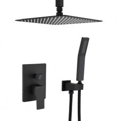 GIVING TREE Single Handle 2-Spray Square Ceiling Mount Shower Faucet with 12 in. Hand Shower in Matte Black (Valve Included)