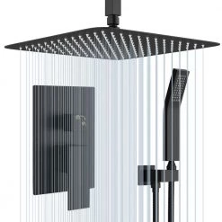 GIVING TREE Single Handle 2-Spray Square Ceiling Mount Shower Faucet with 12 in. Hand Shower in Matte Black (Valve Included) -Bathroom Faucets Store matte black giving tree shower faucets xlhddtfh0028 66 1000