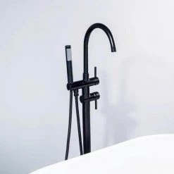 IHOMEadore 2-Handle Floor-Mount Roman Tub Faucet with Hand Shower in Matte Black -Bathroom Faucets Store matte black ihomeadore roman tub faucets rbbf61001mb 1f 1000