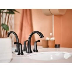 MOEN Korek 8 in. Widespread Double Handle High-Arc Bathroom Faucet with Valve in Matte Black -Bathroom Faucets Store matte black moen centerset bathroom faucets 84468bl 44 1000