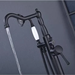 Rainlex Singe-Handle Freestanding Floor Mount Tub Faucet with Hand Shower in Matte Black -Bathroom Faucets Store matte black rainlex claw foot tub faucets rx8009h 4f 1000