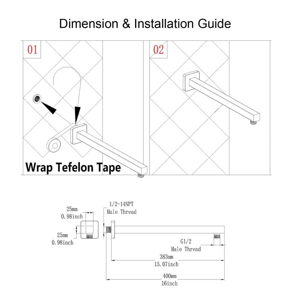 Rainlex 16 in. Square Wall Mount Shower Arm and Flange in Matte Black 5 Rainlex 16 in. Square Wall Mount Shower Arm and Flange in Matte Black - Image 5