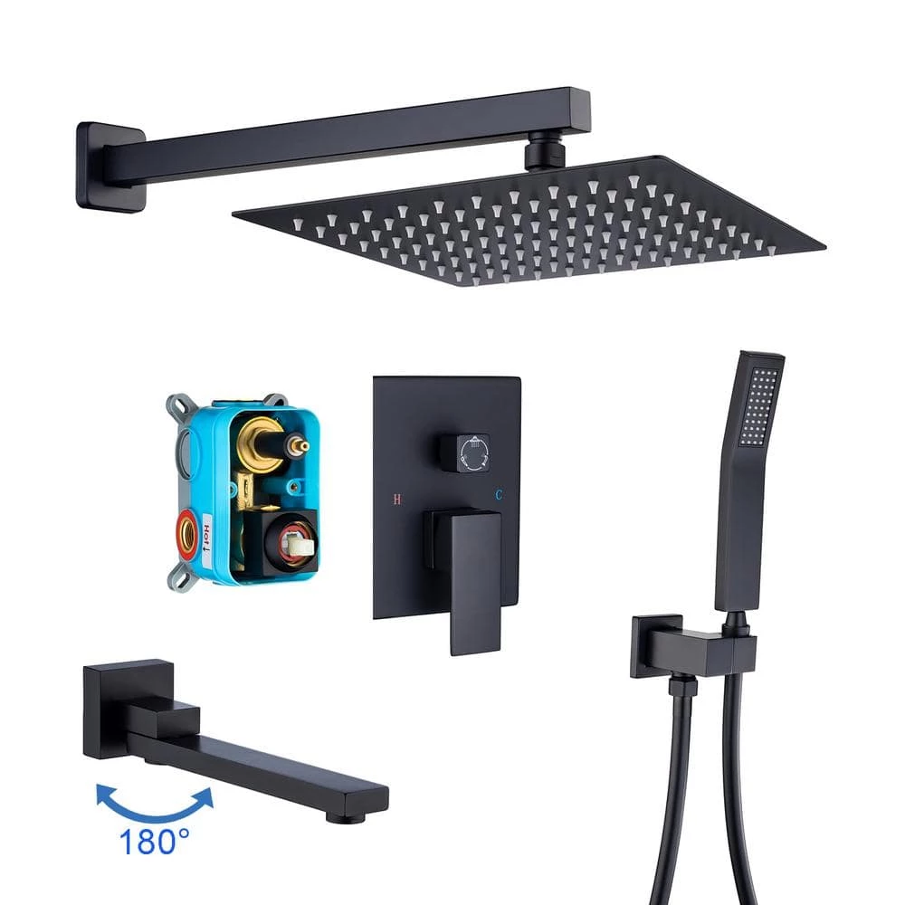 Rainlex 10 in. Shower Head 2-Handle 1-Spray Square High Pressure Shower Faucet with Tub Spout in Matte Black (Valve Included) 1 Rainlex 10 in. Shower Head 2-Handle 1-Spray Square High Pressure Shower Faucet with Tub Spout in Matte Black (Valve Included)
