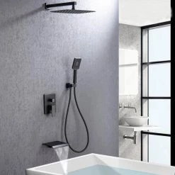 Rainlex 1-Handle 3-Spray Square High Pressure Shower Faucet Waterfall Spout 12 in. Shower Head in Matte Black (Valve Included) -Bathroom Faucets Store matte black rainlex shower faucets w97203h 12 31 1000