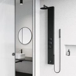 VIGO Bowery 59.0625 in. 4-Jet Shower Panel System with Round Shower head and Tub Filler in Matte Black 17 VIGO Bowery 59.0625 in. 4-Jet Shower Panel System with Round Shower head and Tub Filler in Matte Black -Bathroom Faucets Store matte black vigo shower towers vg08022mb 1d 1000