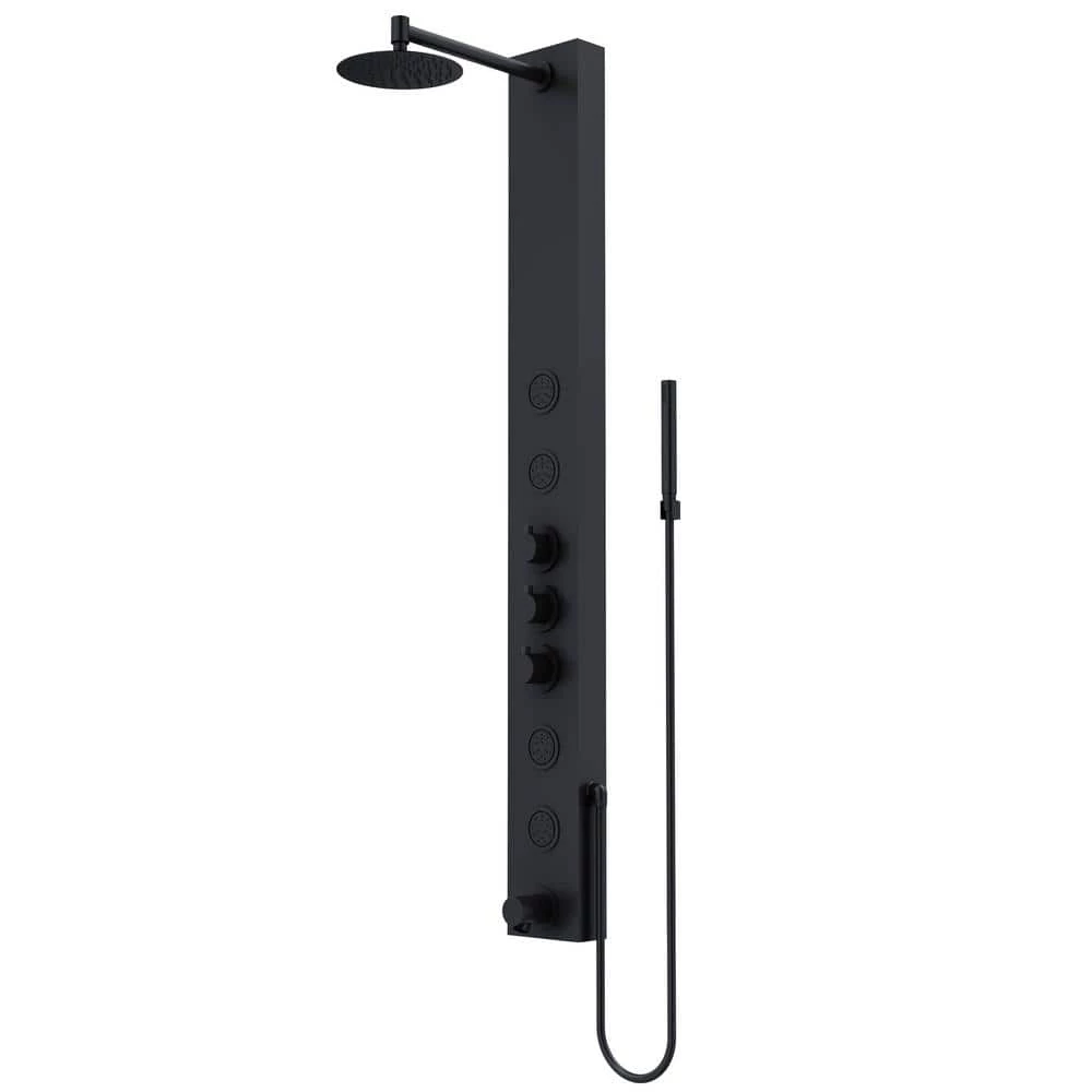 VIGO Bowery 59.0625 in. 4-Jet Shower Panel System with Round Shower head and Tub Filler in Matte Black 1 VIGO Bowery 59.0625 in. 4-Jet Shower Panel System with Round Shower head and Tub Filler in Matte Black