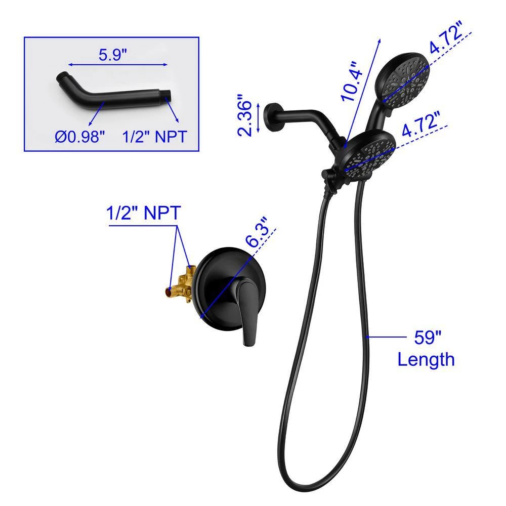 WELLFOR Single-Handle 2-Spray Round High-Pressure Shower Faucet Dual Shower Head Faucet in Matte Black (Valve Included) 6 WELLFOR Single-Handle 2-Spray Round High-Pressure Shower Faucet Dual Shower Head Faucet in Matte Black (Valve Included) - Image 6