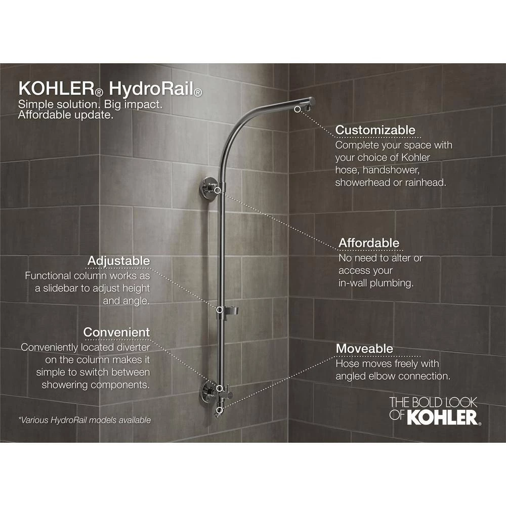 KOHLER HydroRail Bath/Shower Column for Arched Shower Arm in Polished Chrome 5 KOHLER HydroRail Bath/Shower Column for Arched Shower Arm in Polished Chrome - Image 5