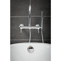 PELHAM & WHITE Modern 3-Handle Wall Mount Tub Faucet with Handshower and Hose, Metal Levers, in Chrome -Bathroom Faucets Store polished chrome pelham white claw foot tub faucets pw82412 l pc 44 1000