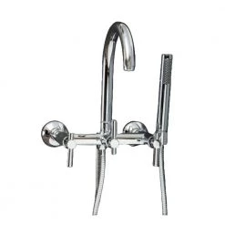 PELHAM & WHITE Modern 3-Handle Wall Mount Tub Faucet with Handshower and Hose, Metal Levers, in Chrome